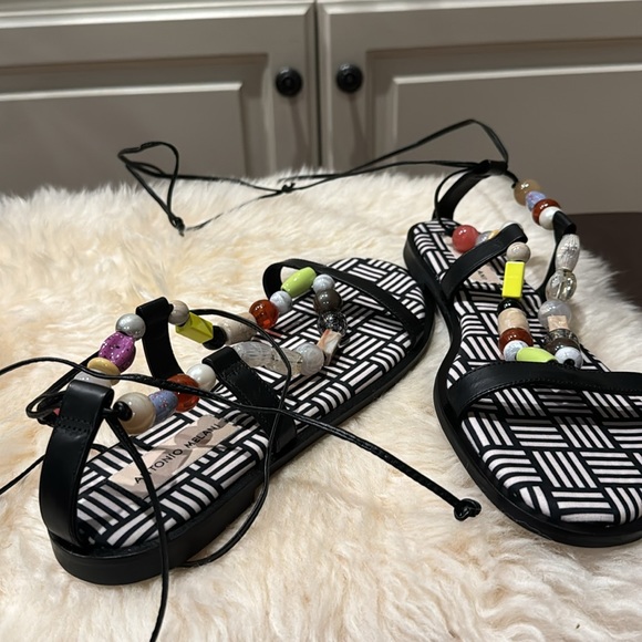 Antonio Melani Sandle Snake Black Leather Rhinestone Beaded Flat Shoe - Picture 3 of 3